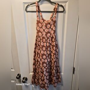 Hanna Andersson, Girls Floral Midi Dress, Tan, Orange and White, Size 12Y